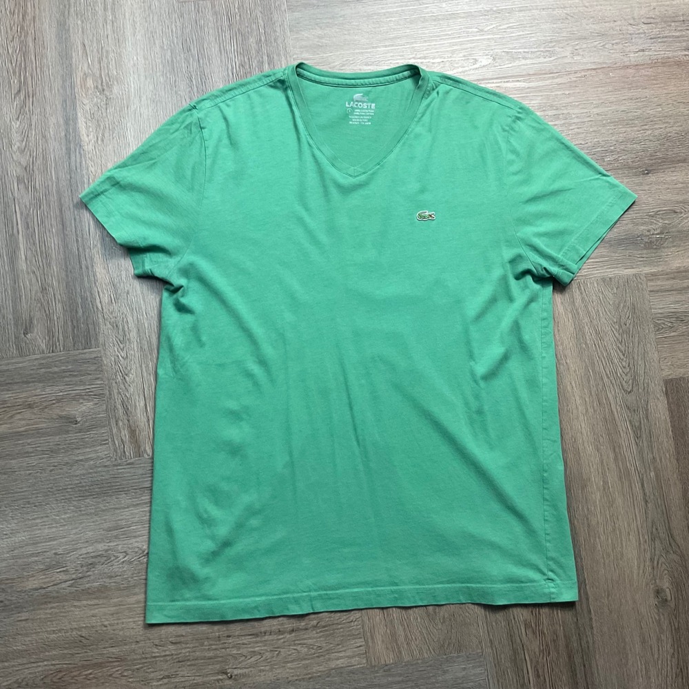 Y2K Lacoste T-Shirt Womens 6 US Large Green V-Neck Pima Cotton Logo Classic